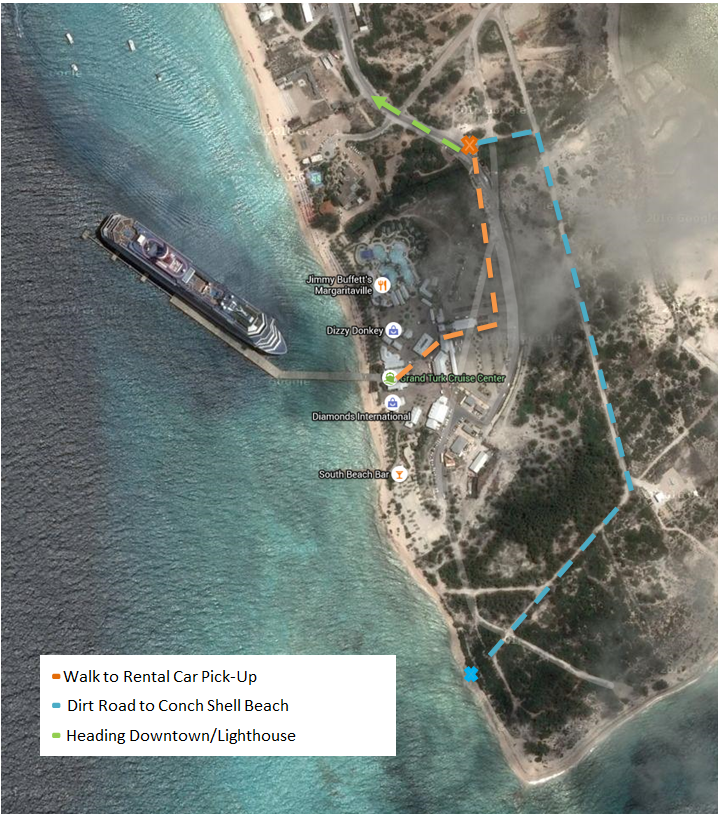 Map from the Grand Turk Cruise Port to the Rental Car Pick up and Conch Shell Beach